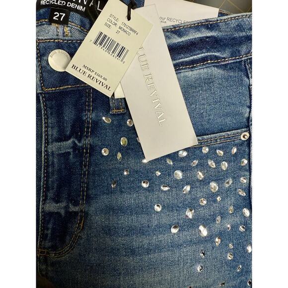 NWT Blue Revival Recycled Denim Teresa Crystal Studs Straight Ankle Jean 27x27 - Picture 2 of 7